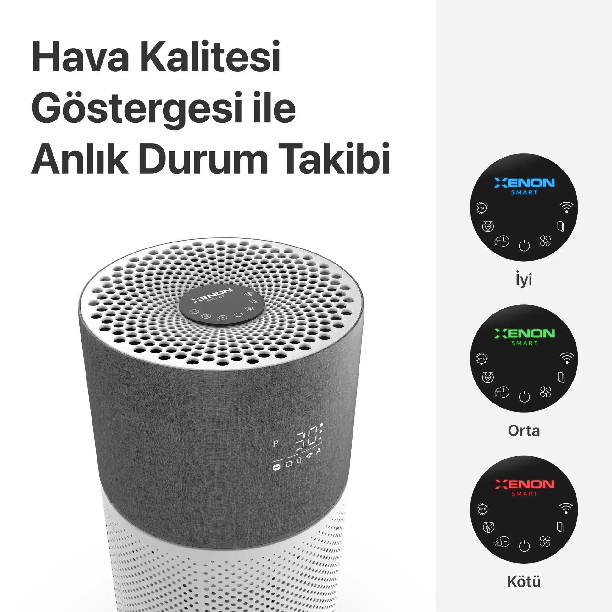 Gri Hava Temizleyici | Mobil Kontrol, Hepa 13, Wifi, 550 CADR, UVC, Göstergeli
