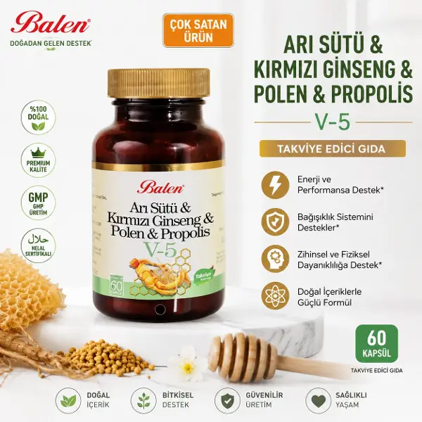 Balen V-5 Arı Sütü Kırmızı Ginseng Polen ve Propolis 60 Kapsül