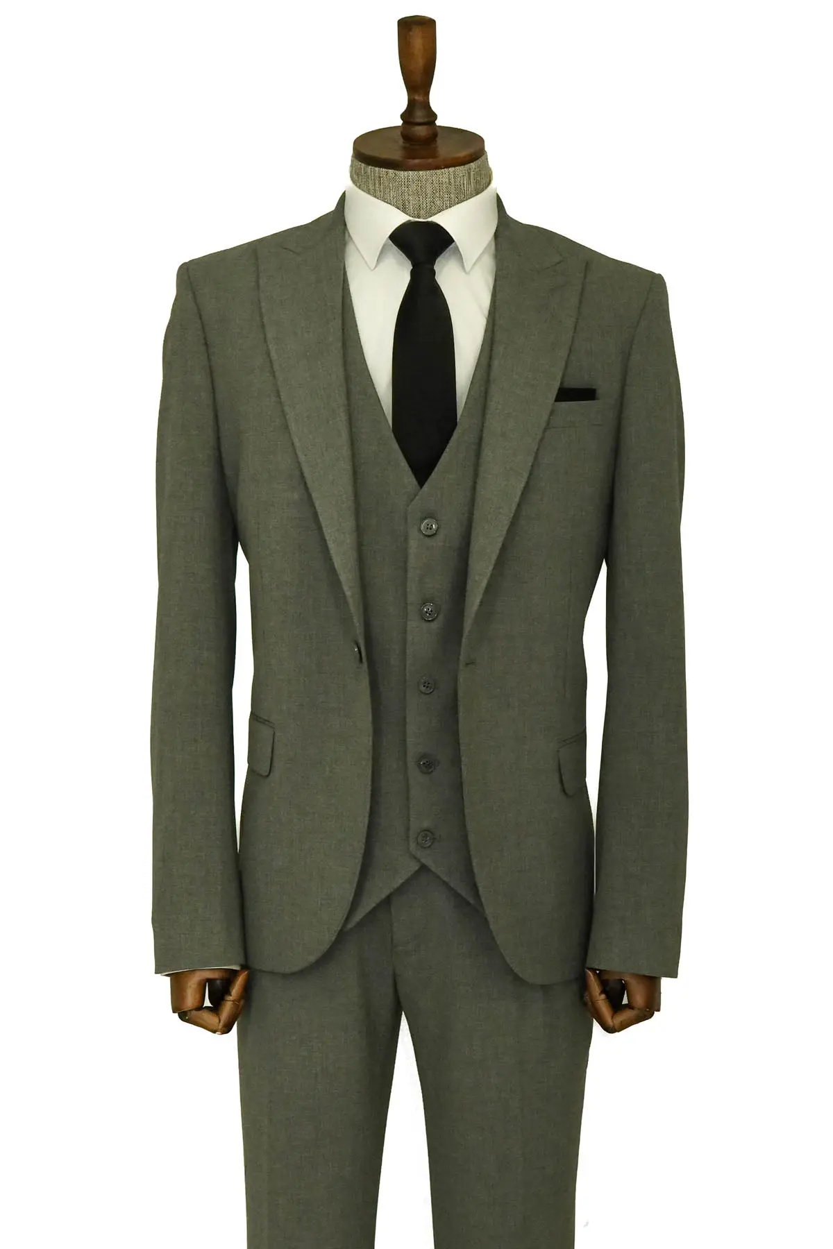 Tek Düğmeli Slim Fit Koyu Gri Yelekli Erkek Takım Elbise - Wessi