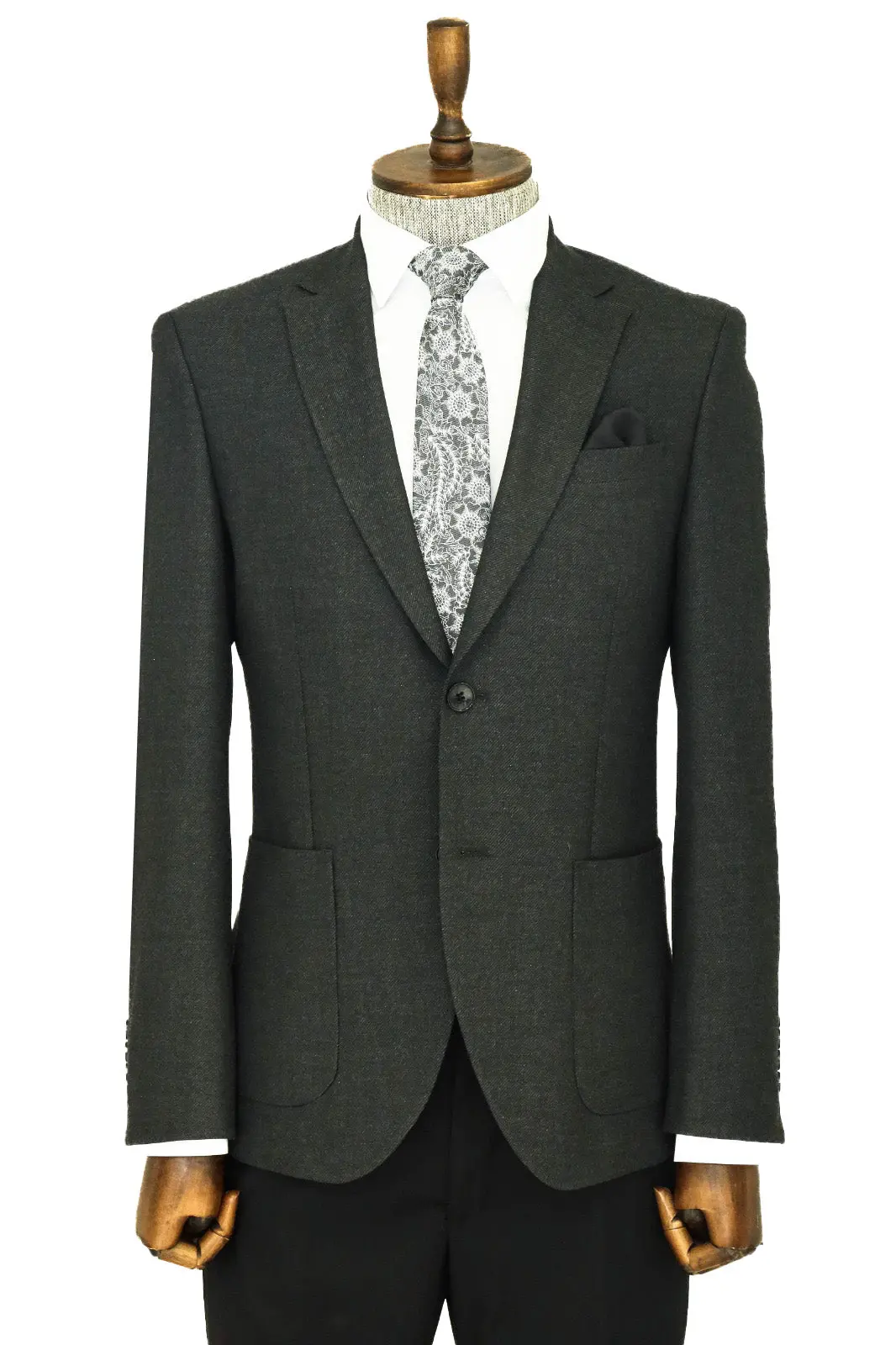 Kendinden Desenli Slim Fit Sivri Yaka Antrasit Erkek Ceket - Wessi