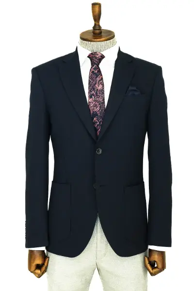 Kendinden Desenli Slim Fit Sivri Yaka Lacivert Erkek Ceket - Wessi