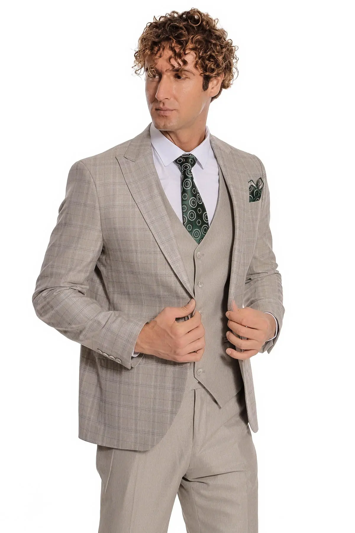 Ekose Ceketli Slim Fit Krem Erkek Takım Elbise - Wessi