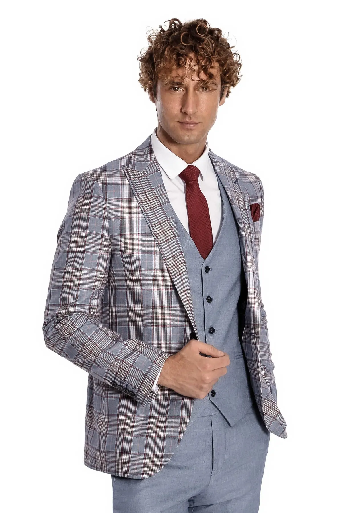 Ekose Ceketli Slim Fit Mavi Erkek Takım Elbise - Wessi