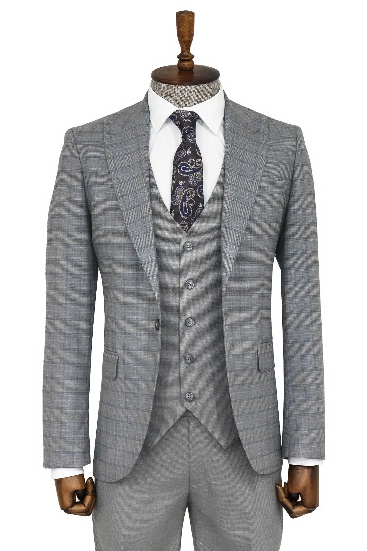 Ekose Ceketli Slim Fit Gri Erkek Takım Elbise - Wessi