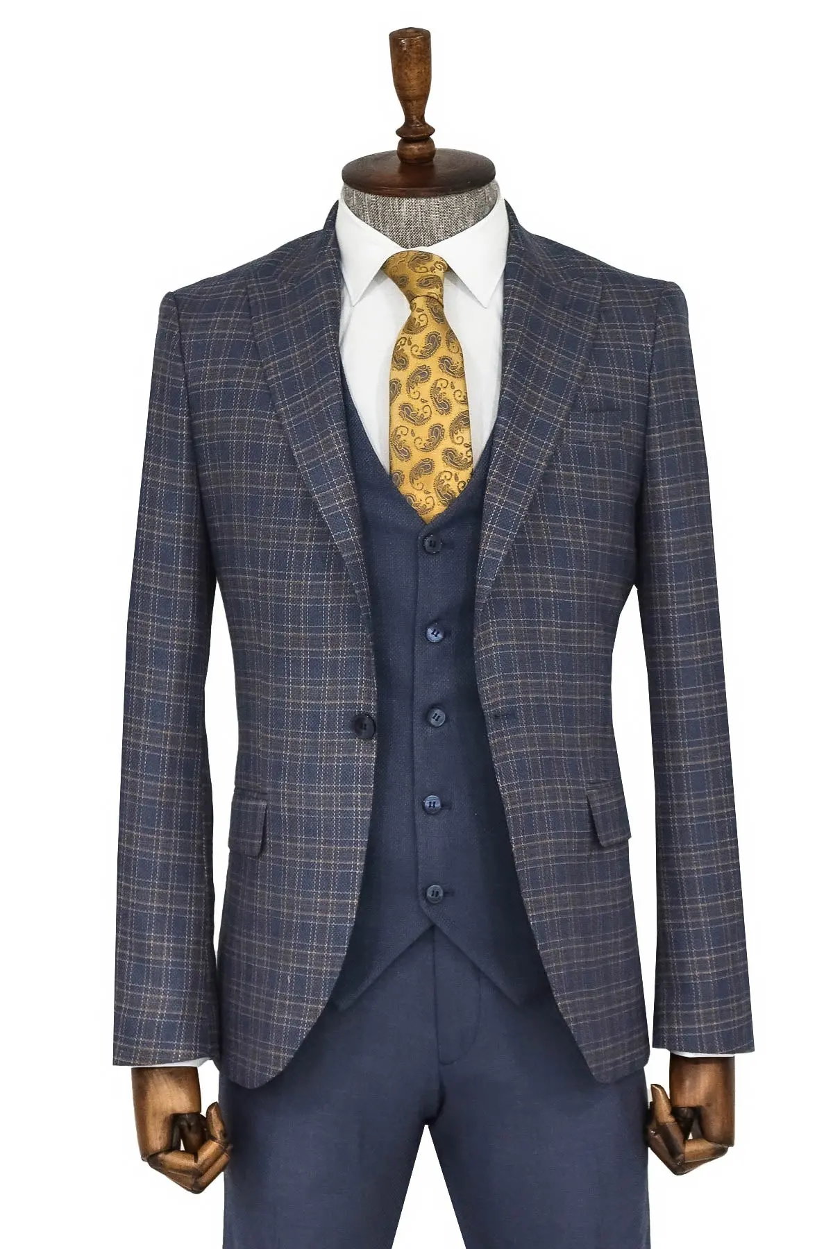 Ekose Ceketli Slim Fit Mavi Erkek Takım Elbise - Wessi