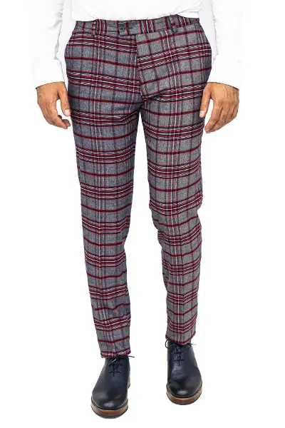 Ekose Desenli Slim Fit Koyu Mavi Erkek Pantolon - Wessi