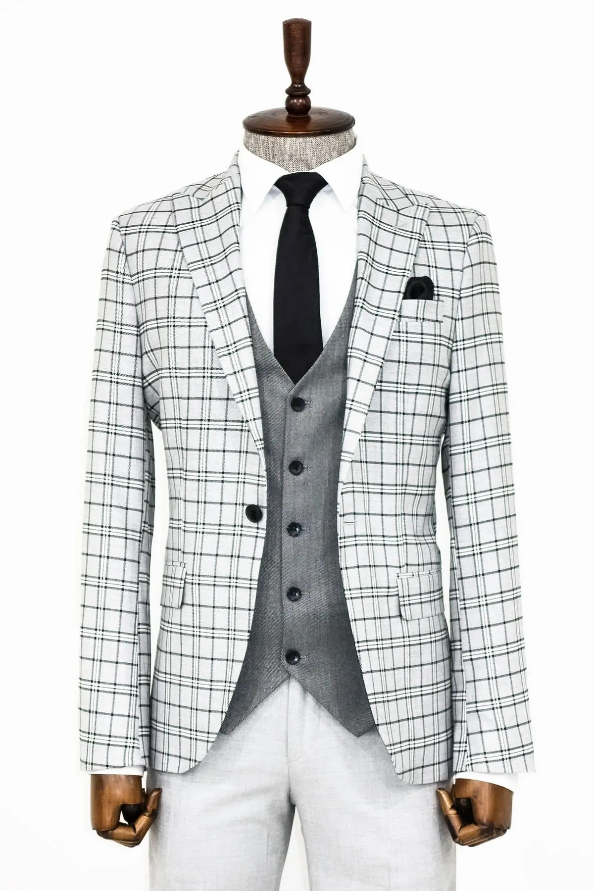 Gri Yelekli Slim Fit Ekose Açık Gri Erkek Takım Elbise - Wessi
