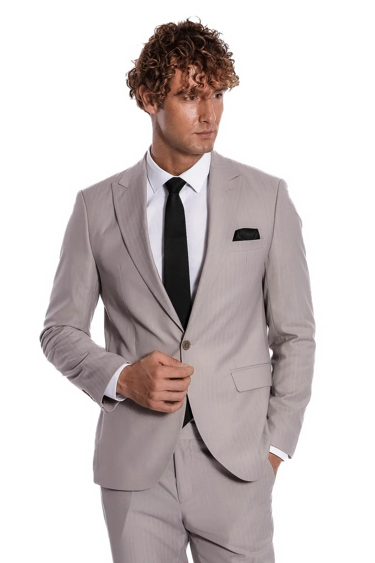 İki Parça Çizgili Slim Fit Gri Erkek Takım Elbise - Wessi