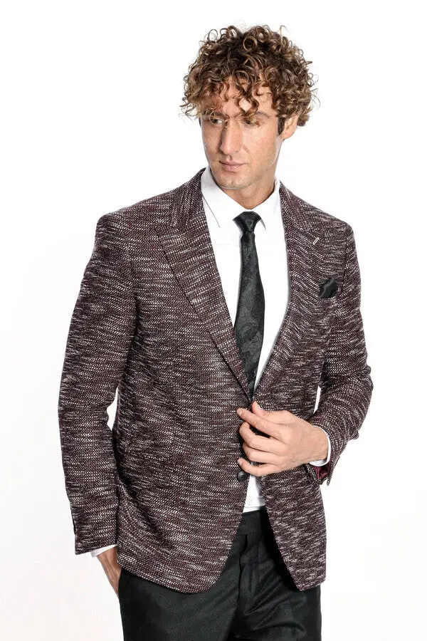Desenli Slim Fit Spor Bordo Erkek Ceket - Wessi
