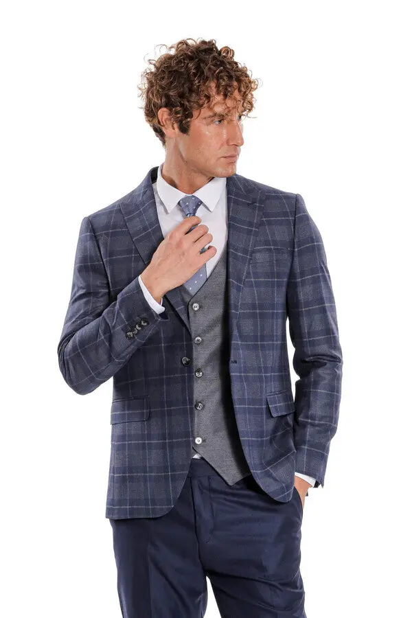 Ekose Ceketli Slim Fit Lacivert Erkek Takım Elbise - Wessi
