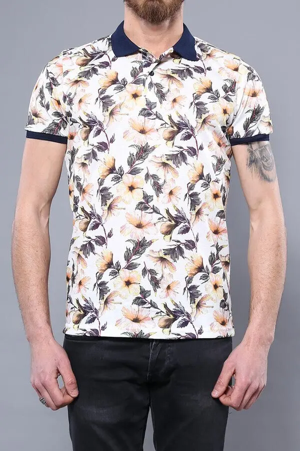 Polo Yaka Turuncu Çiçek Desenli T-shirt - Wessi