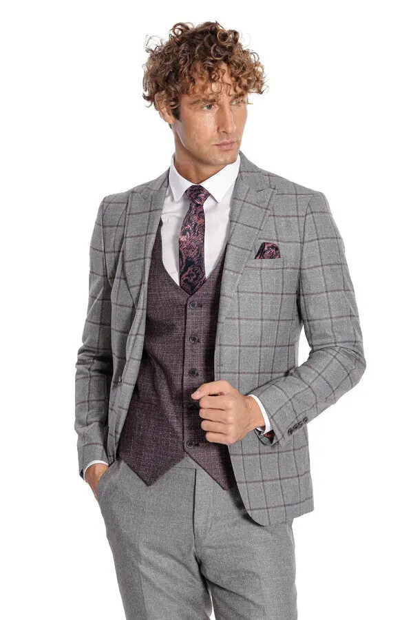 Ekose Ceketli Slim Fit Gri Erkek Takım Elbise - Wessi