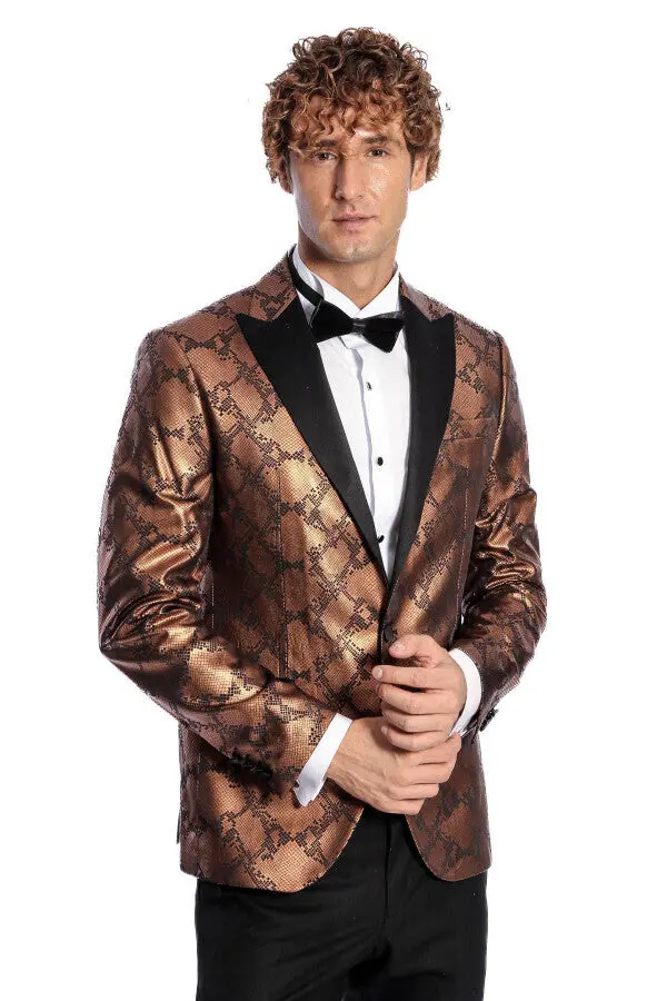 Desenli Slim Fit Kahverengi Erkek Smokin Ceket - Wessi