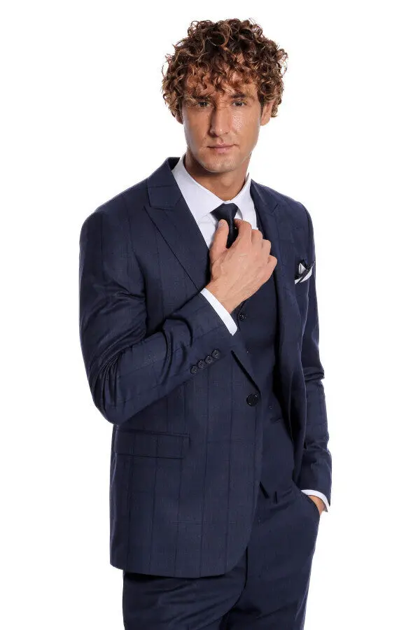 Ekose Desenli Yelekli Slim Fit Lacivert Erkek Takım Elbise - Wessi