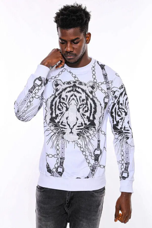Beyaz Baskılı Ve Taşlı Bisiklet Yaka Sweatshirt - Wessi