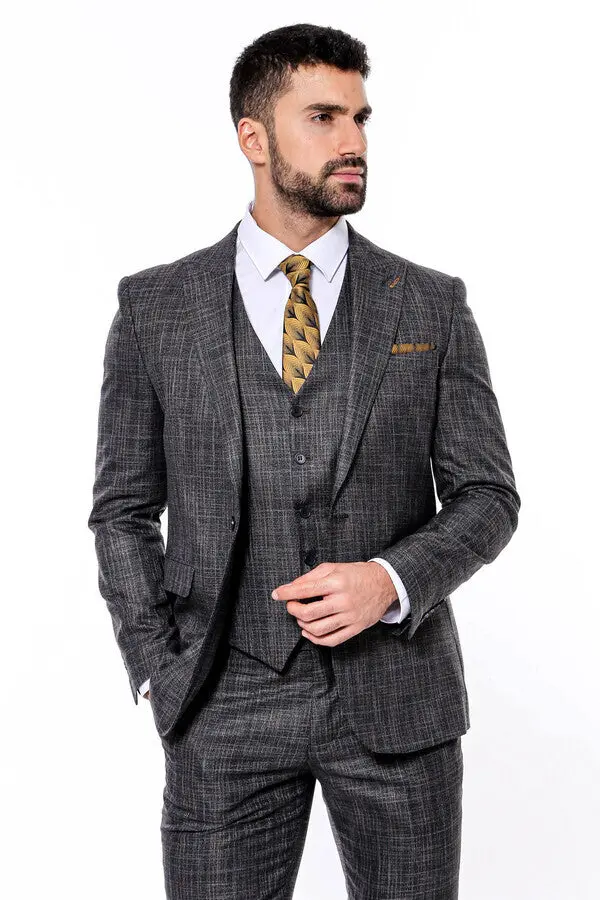 Kendinden Desenli Yelekli Slim Fit Siyah Takım Elbise - Wessi