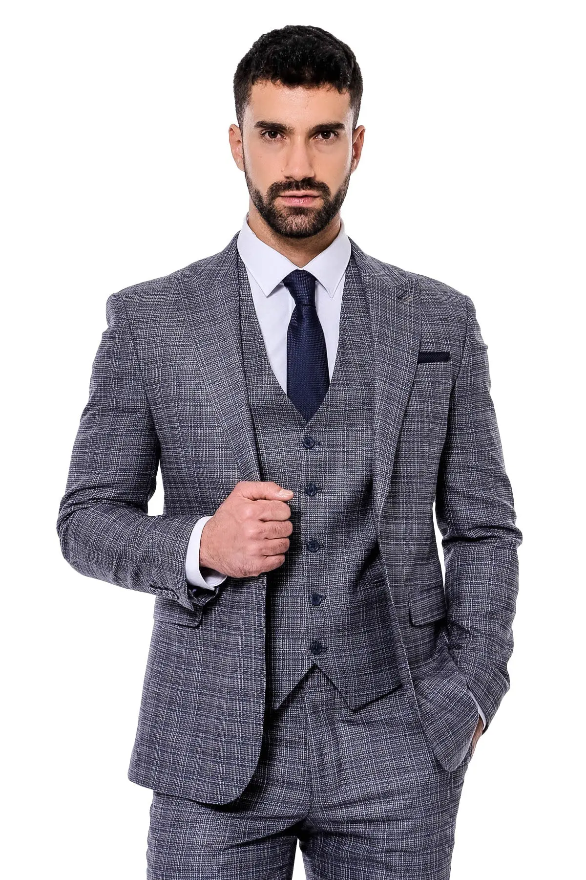 Ekose Desenli Yelekli Slim Fit Lacivert Erkek Takım Elbise - Wessi