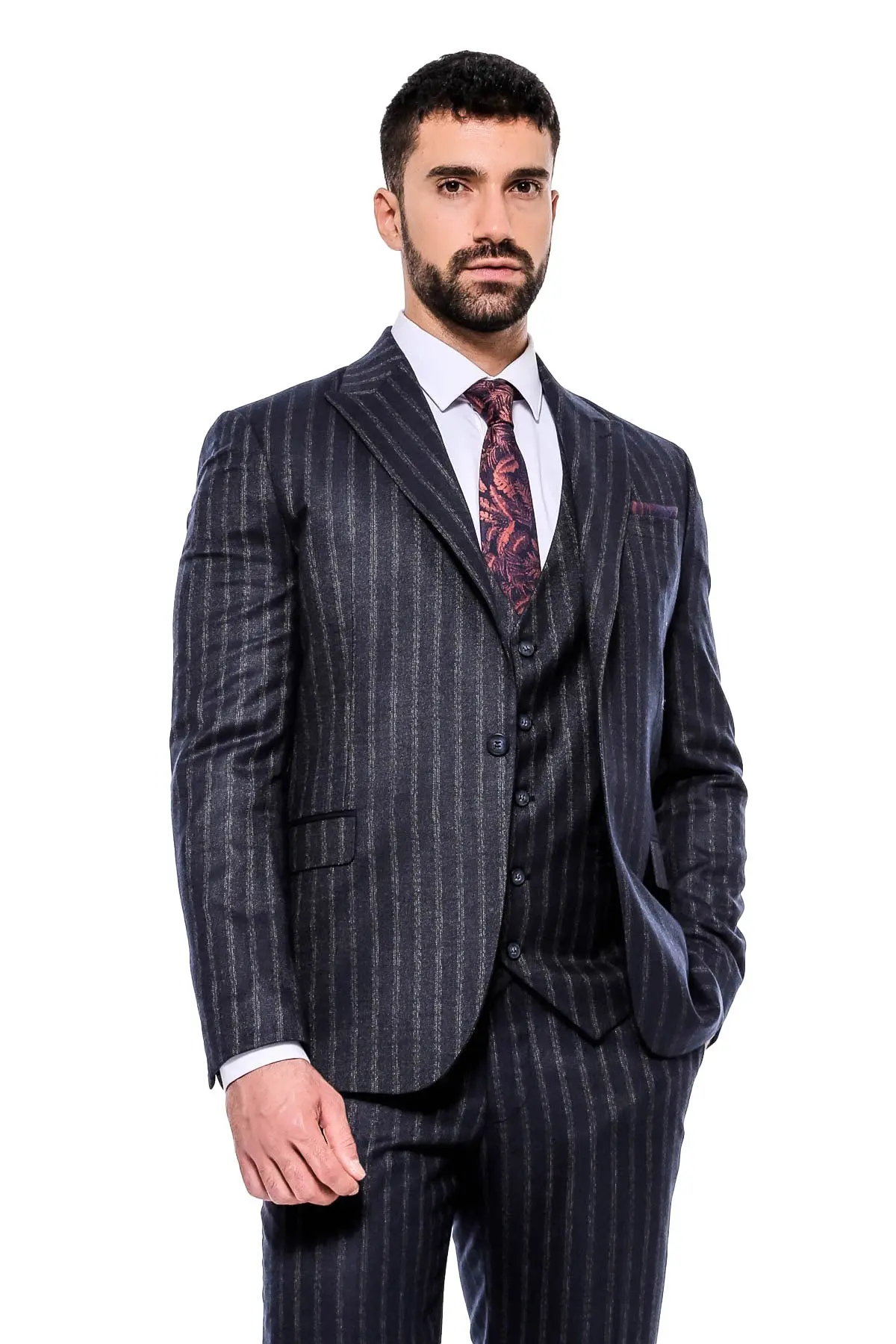 Çizgili Yelekli Lacivert Slim Fit Erkek Takım Elbise - Wessi