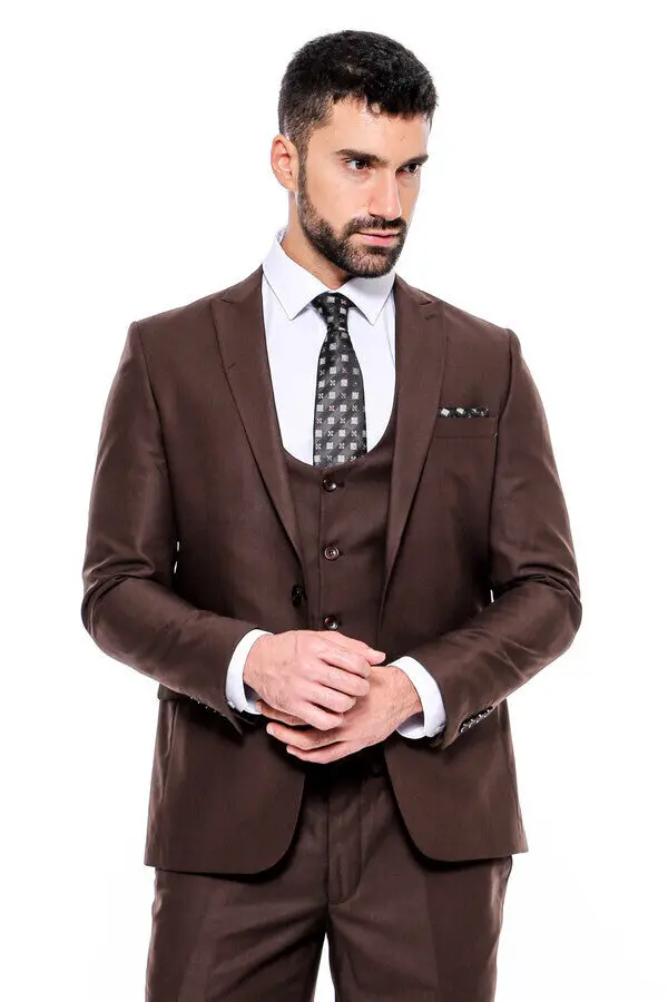 Desensiz Slim Fit Kahverengi Erkek Takım Elbise - Wessi