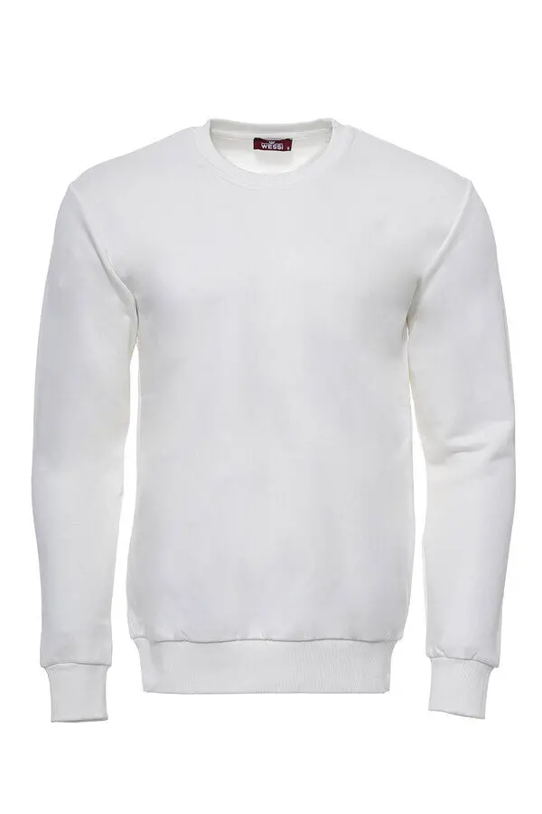 Krem Erkek Bisiklet Yaka Desensiz Sweatshirt - Wessi