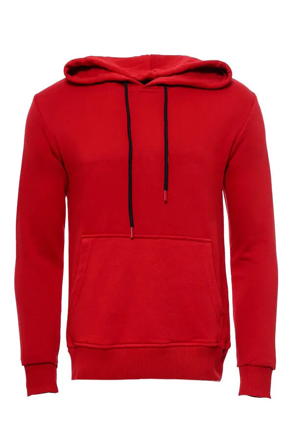 Kapşonlu Cepli Düz Kırmızı Erkek Sweatshirt - Wessi