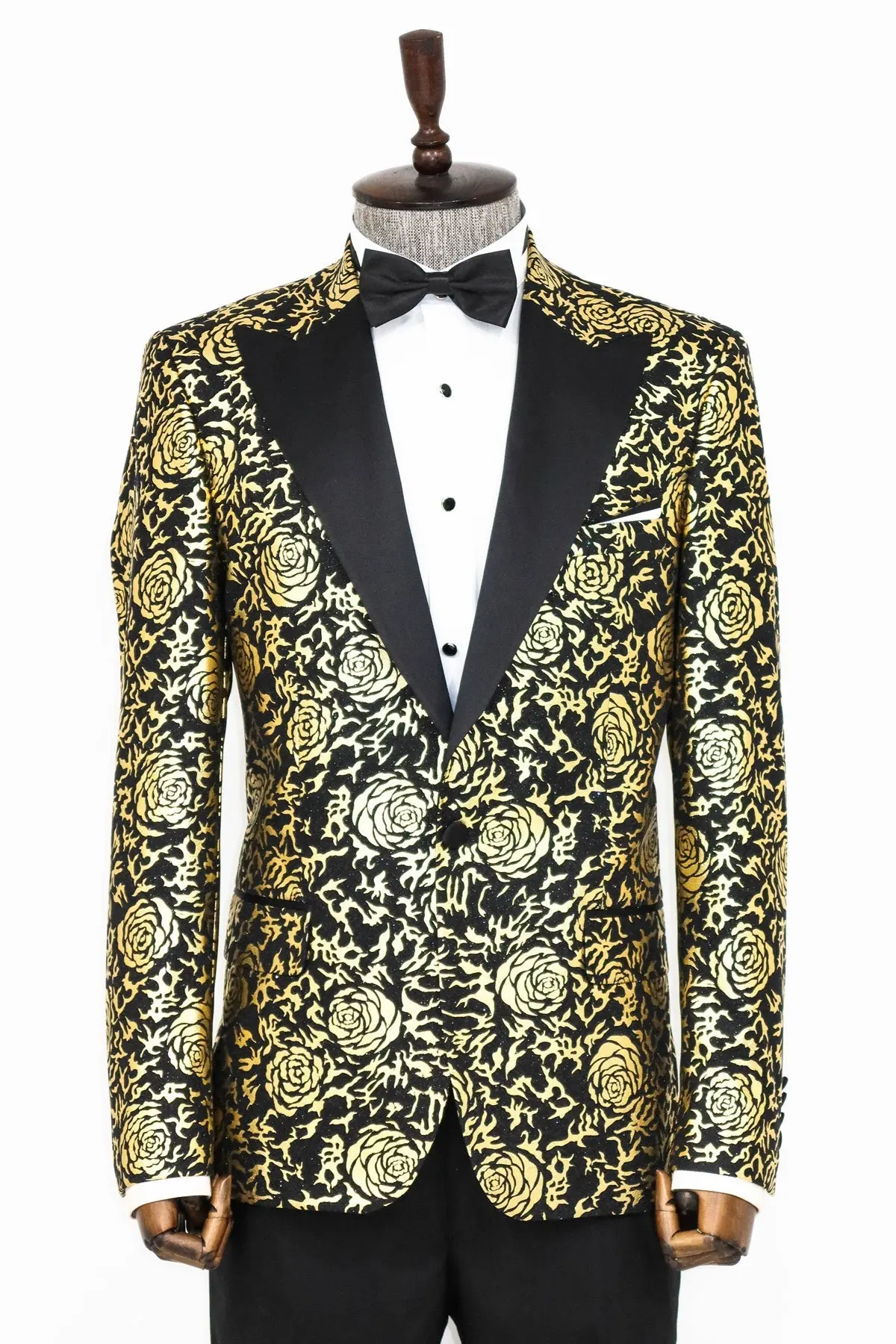 Gold Gül Desenli Slim Fit Siyah Erkek Smokin Ceket - Wessi