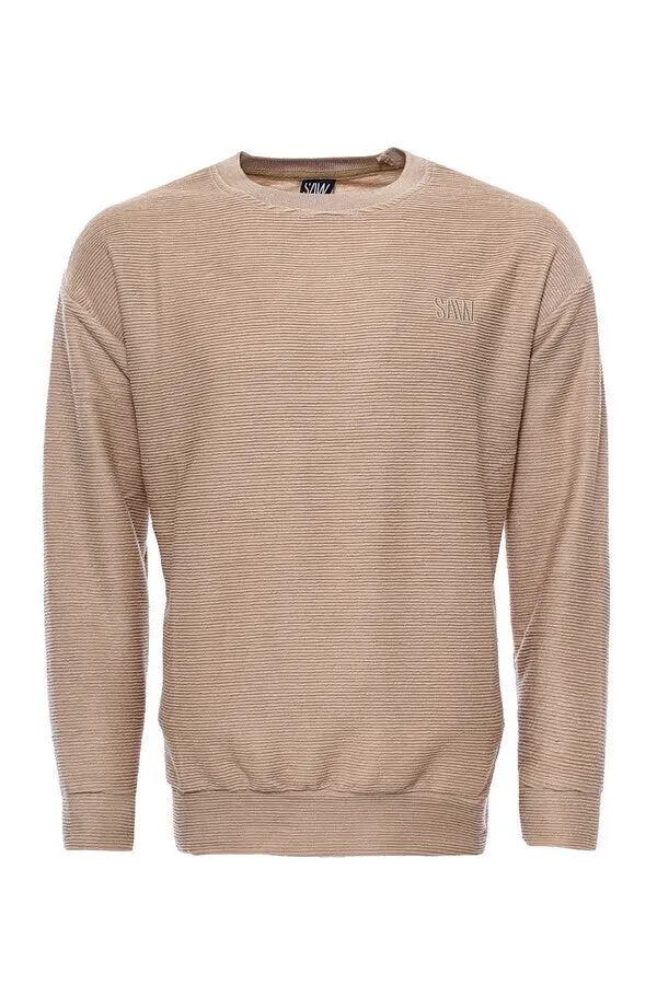 Yatay İnce Çizgili Bej Erkek Sweatshirt - Wessi
