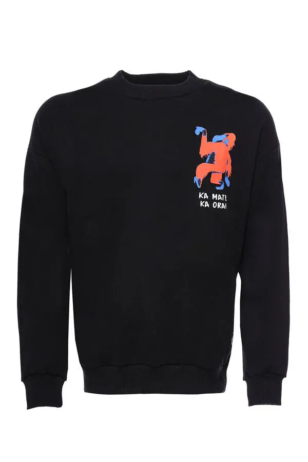 Bisiklet Yaka Baskılı Siyah Erkek Sweatshirt - Wessi