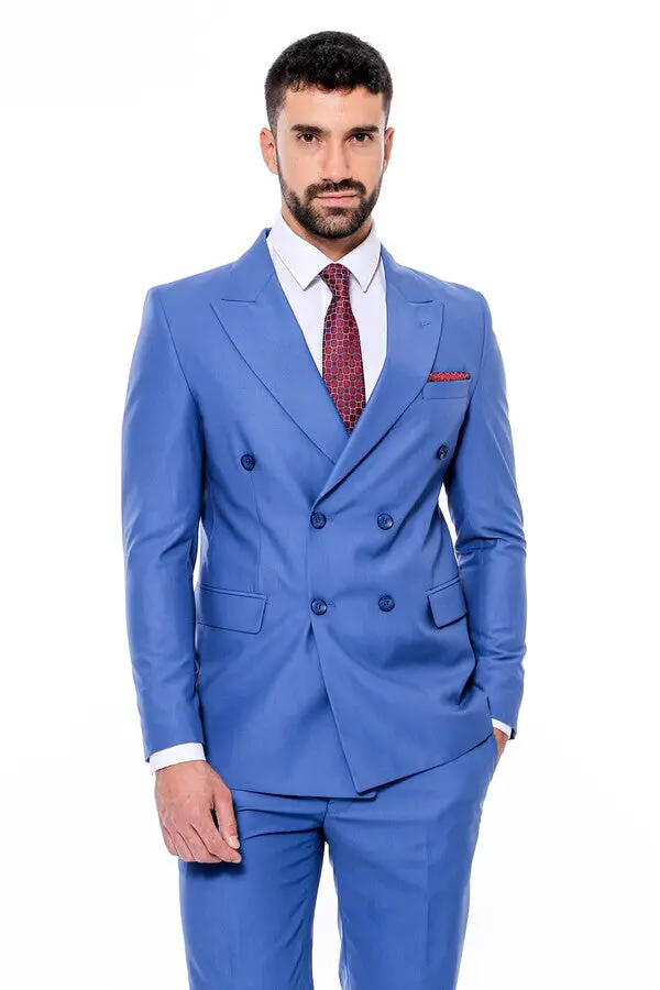 Kruvaze Slim Fit Mavi Erkek Takım Elbise - Wessi