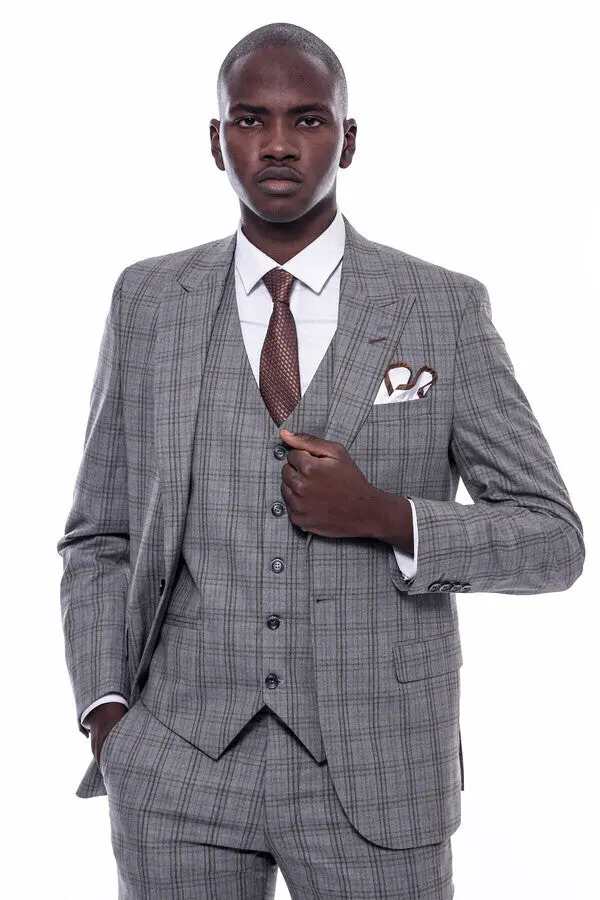 Ekose Desen Slim Fit Gri Erkek Takım Elbise - Wessi