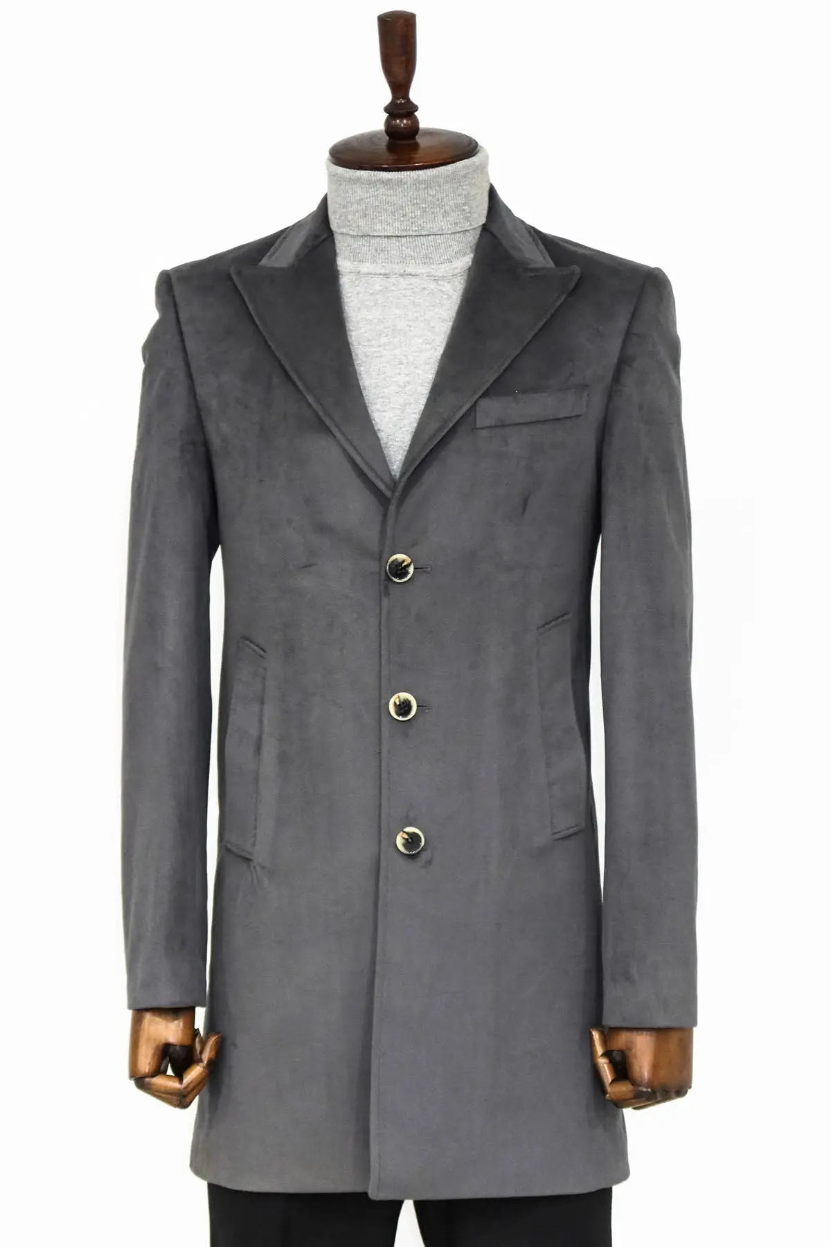Süet Slim Fit Uzun Gri Erkek Kaban - Wessi