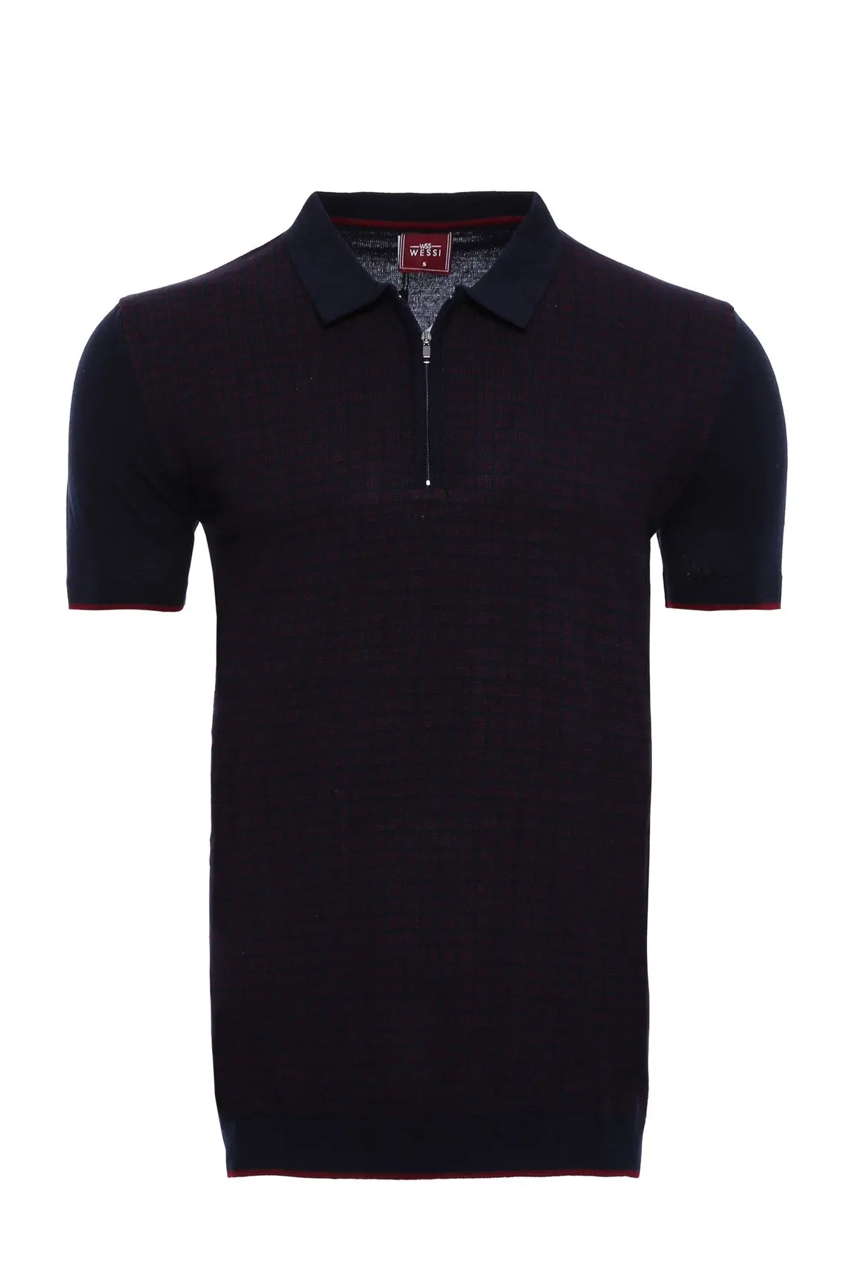 Polo Yaka Koyu Lacivert Desenli Fermuarlı Örme T-shirt - Wessi