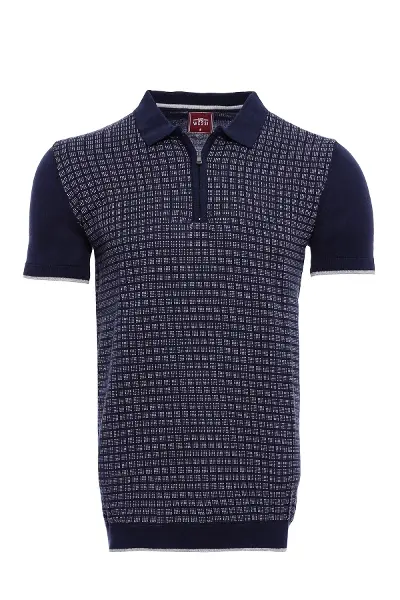 Polo Yaka Lacivert Desenli Fermuarlı Örme T-shirt | Wessi