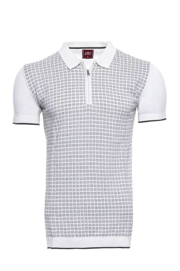 Polo Yaka Açık Gri Desenli Fermuarlı Örme T-shirt - Wessi