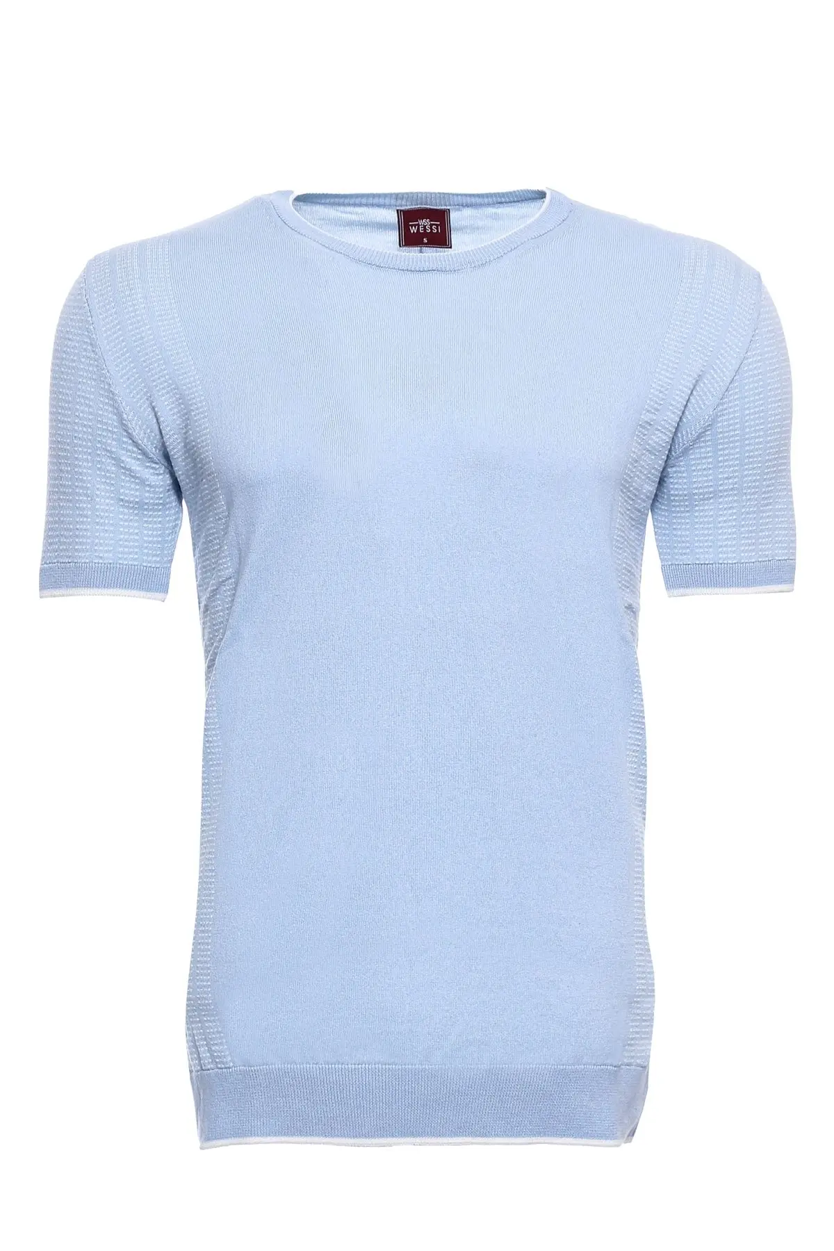 Mavi Bisiklet Yaka Kenarları Desenli Örme T-shirt - Wessi