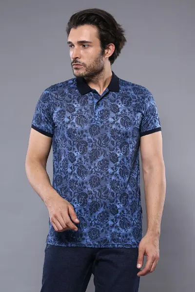 Çiçek Desenli Mavi Polo Yaka T-shirt | Wessi
