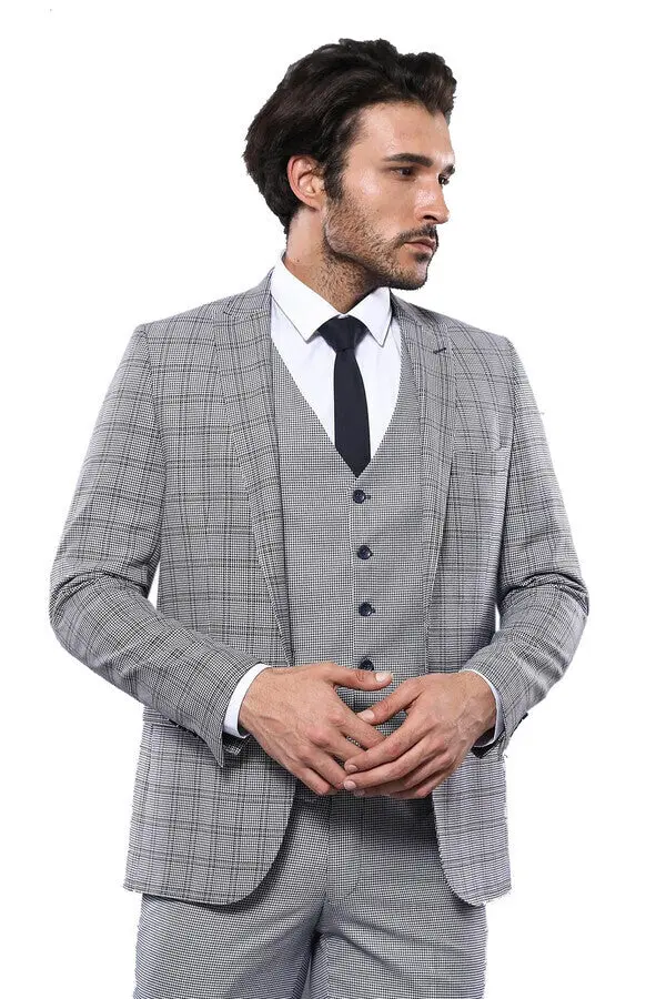 Ekose Slim Fit Açık Mavi Erkek Takım Elbise - Wessi