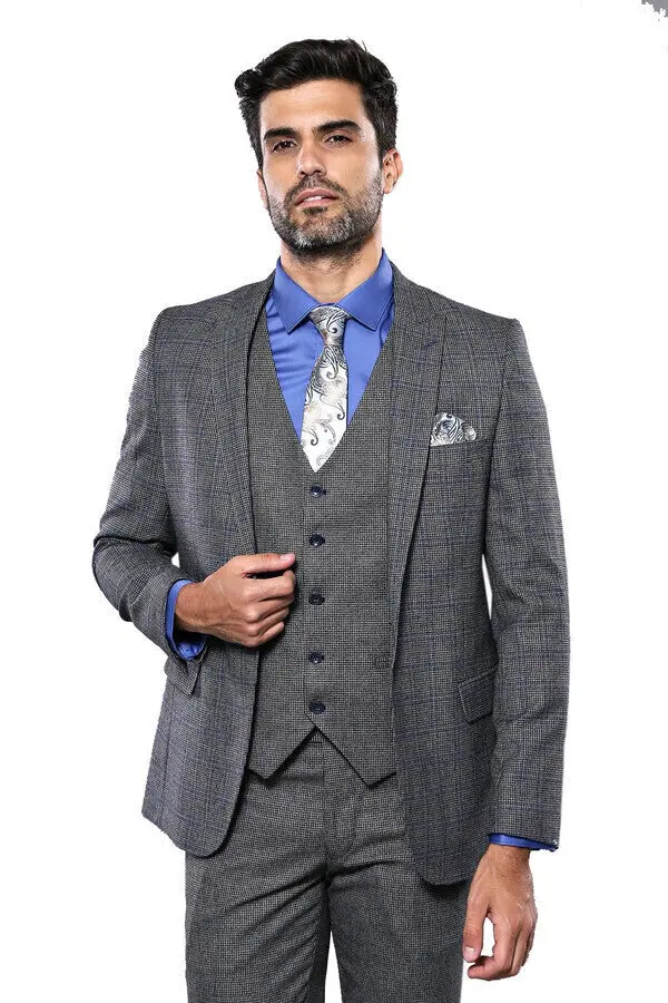Ekose Slim Fit Siyah-Gri Yelekli Spor Takım Elbise - Wessi