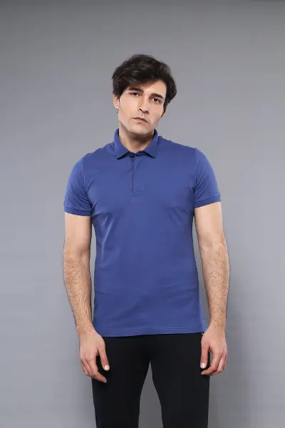 Polo Yaka Düz Mavi Erkek T-shirt - Wessi