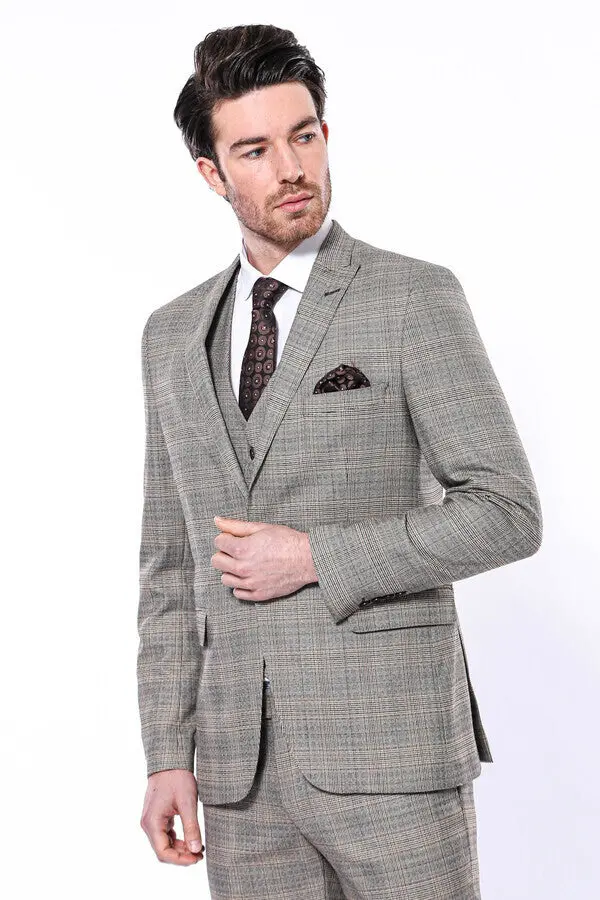Ekose Slim Fit Bej Erkek Ceket - Wessi