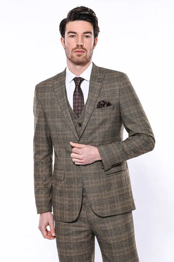 Ekose Desenli Slim Fit Kahverengi Erkek Ceket - Wessi