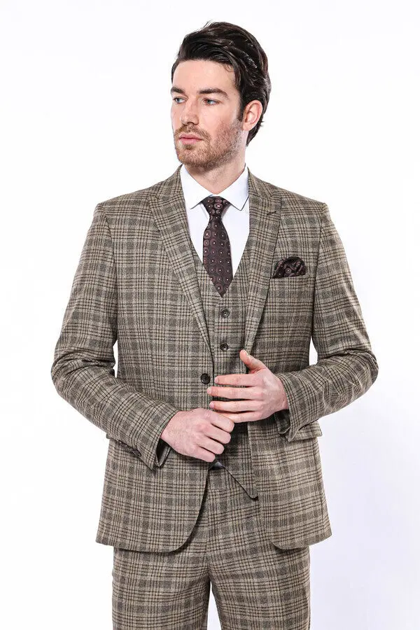 Ekose Slim Fit Kahverengi Erkek Ceket - Wessi