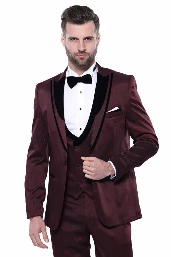 Desenli Velvet Yaka Bordo Takım Elbise | Wessi