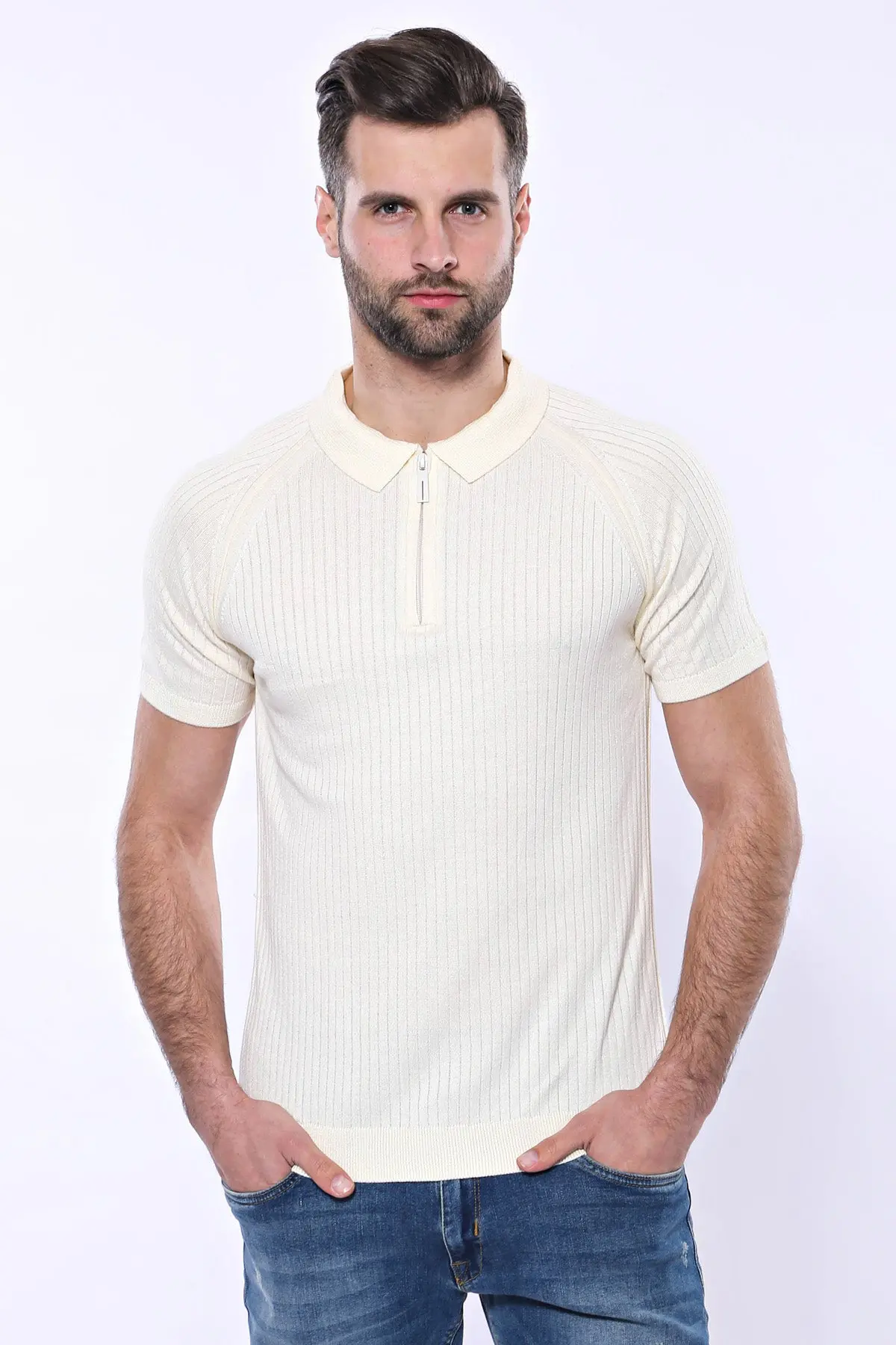 Polo Yaka Fermuarlı Krem Örme T-shirt | Wessi