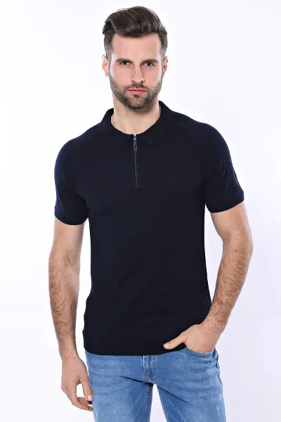 Kendinden Desenli Örme Bisiklet Yaka Lacivert Erkek T-shirt - Wessi