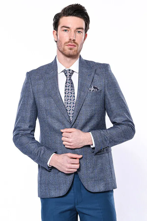 Ekose Tek Düğme Slim Fit Lacivert Erkek Ceket - Wessi