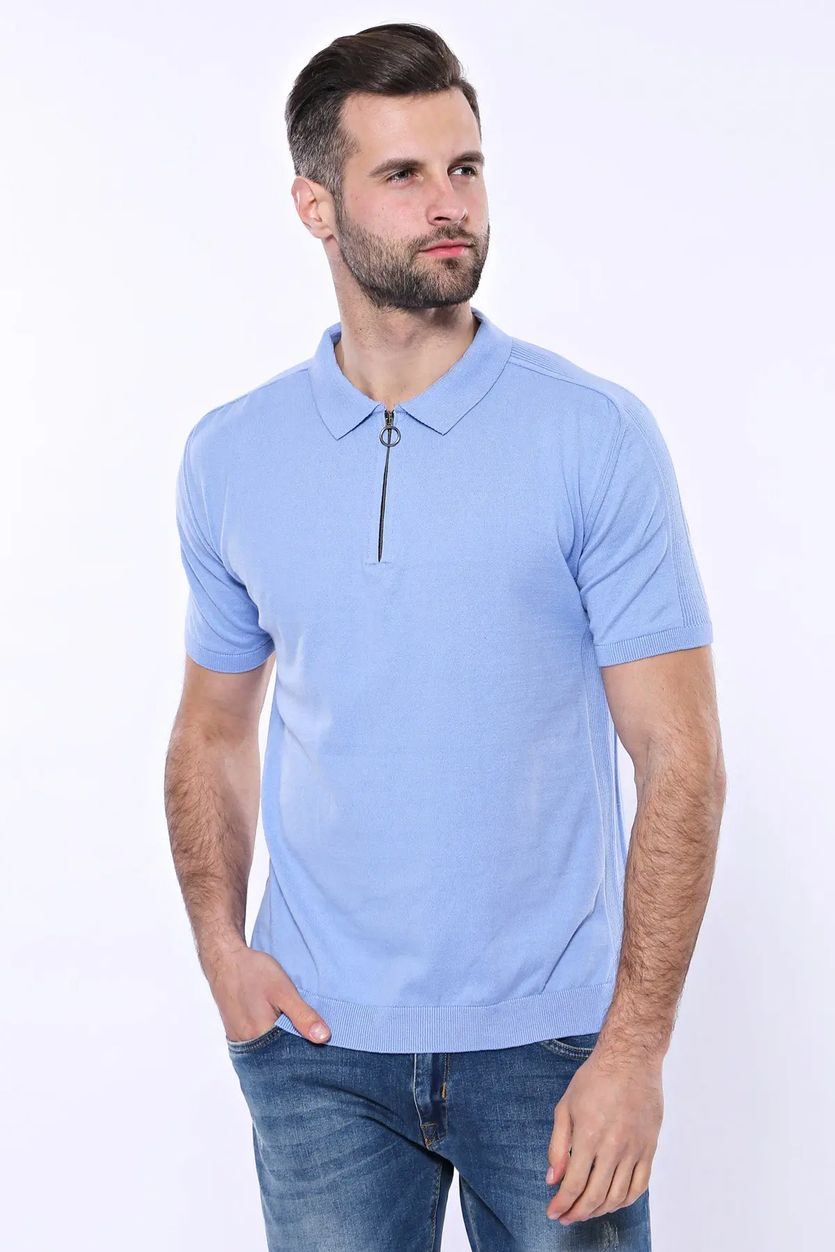 Polo Yaka Mavi Düz Örme T-shirt | Wessi