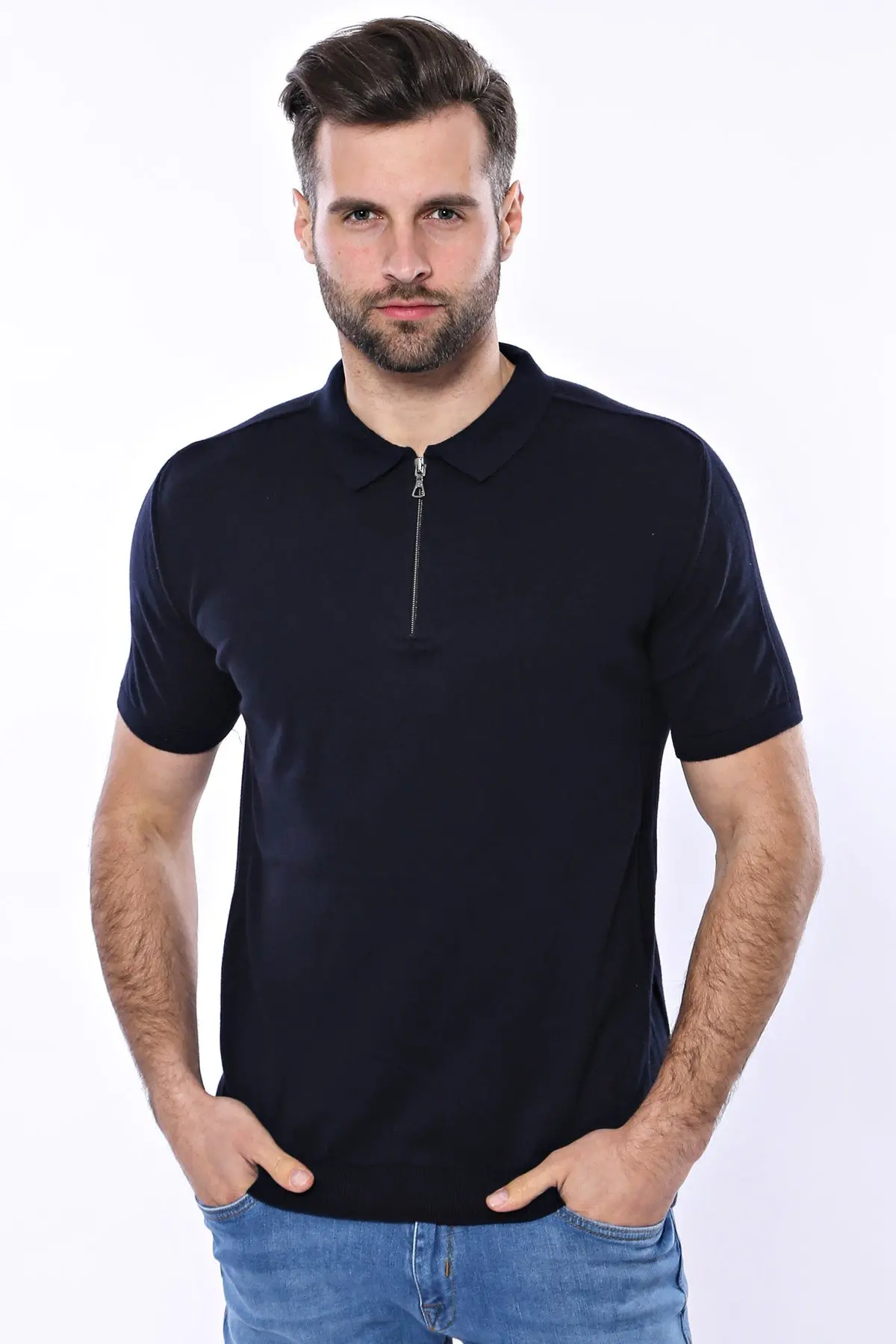 Polo Yaka Lacivert Düz Örme Erkek T-shirt - Wessi Polo Yaka Lacivert Düz Örme Erkek T-shirt - Wessi