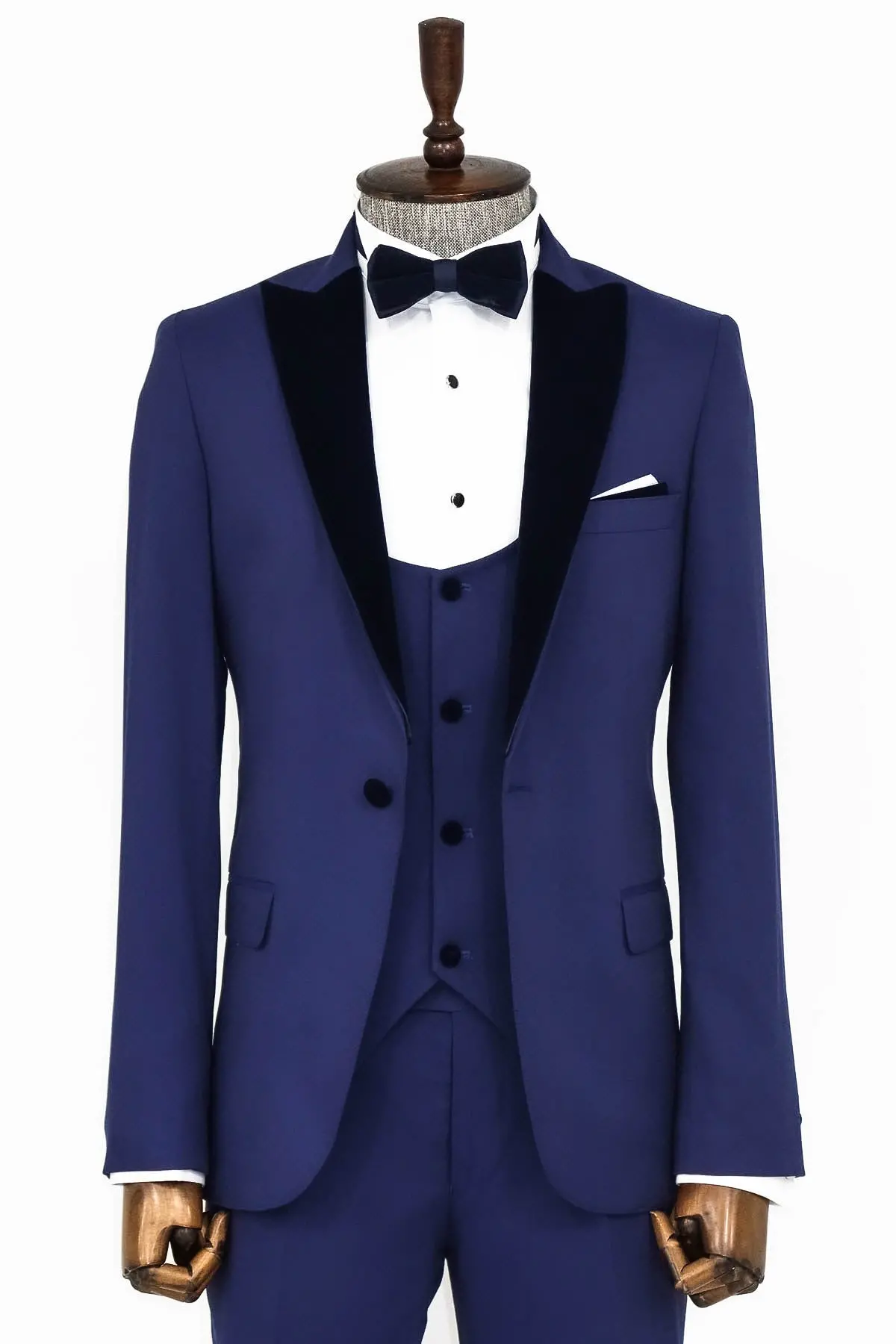 Kadife Yaka Slim Fit Mavi Erkek Damatlık - Wessi