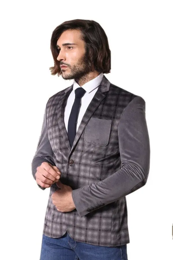 Kol Düz Gögüs Ekose Füme Velvet Ceket - Wessi